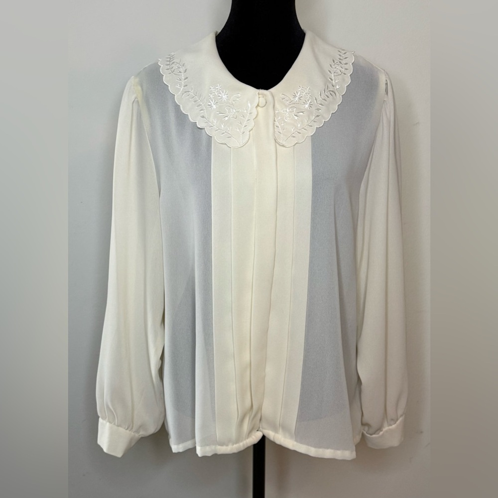 Vintage Worthington sheer pleated button embroidered Peter Pan blouse preppy Lrg